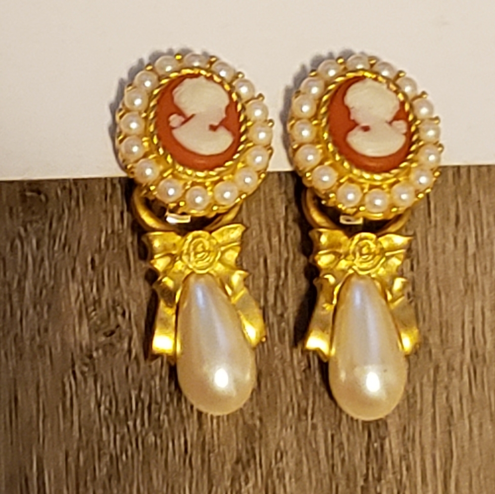 Bob Mackie Cameo Faux Pearl Clip Earrings